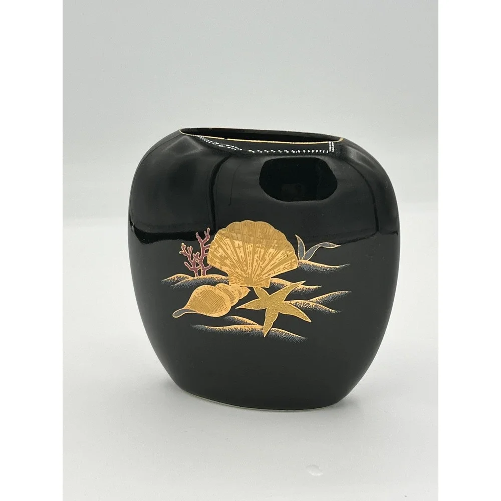 Otagiri Japan Black Gold Seashell Starfish Ceramic Vase‎ Vintage Coastal Decor